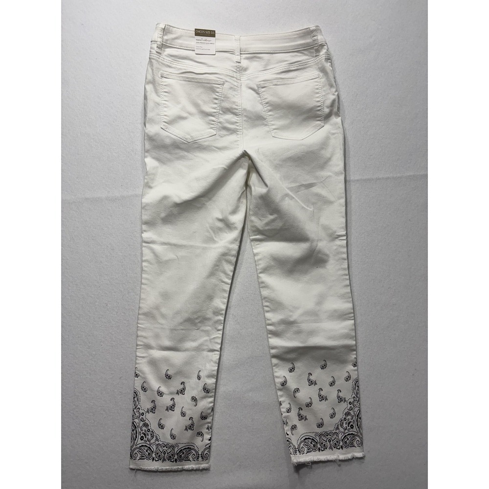 Chico's Womens 6 White Paisley Stretch Girlfriend Slim Ankle Jeans Raw Hem NEW - Picture 13 of 16